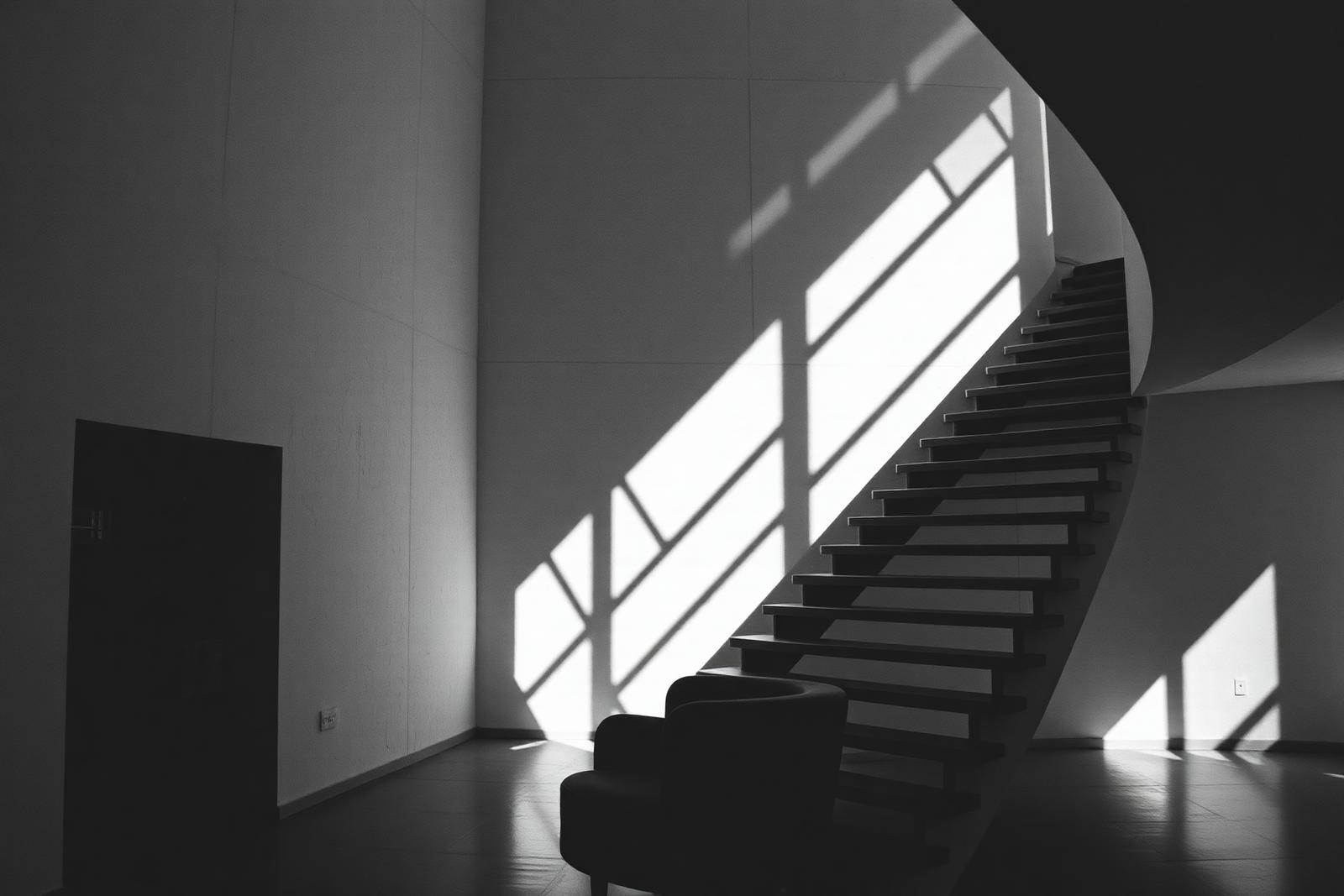 Interior of a residential space, hard light, black and white