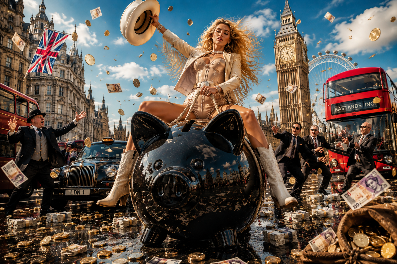 BASTARDS INC.® — MAKE. THEM. THINK. visual: a piggy bank moment in London