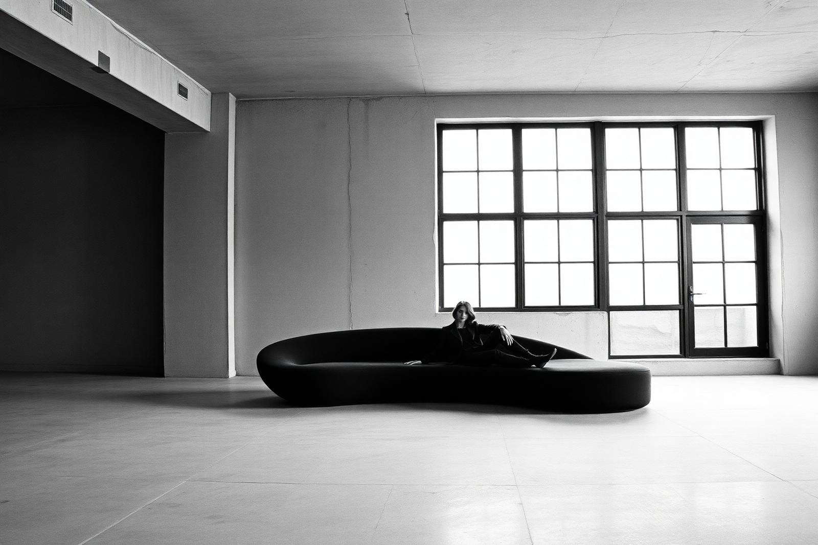 Sculptural black sofa in a raw concrete room