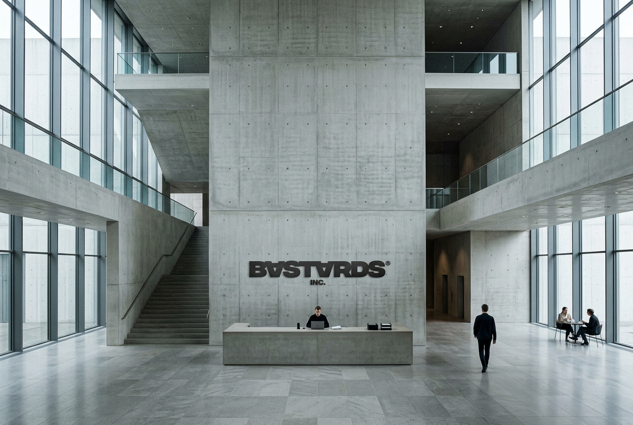 BASTARDS INC.® headquarters atrium — concrete, glass and steel