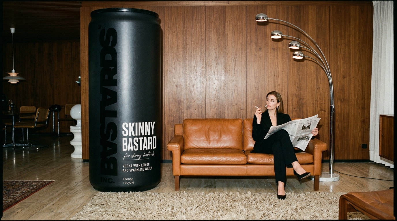 Skinny Bastard black can as a floor-to-ceiling monolith in a 1978 modernist living room