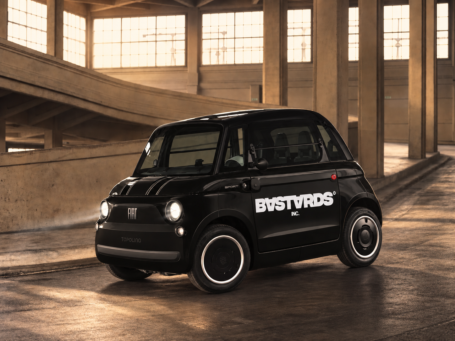Black Fiat Topolino with the BASTARDS INC. wordmark in a concrete garage