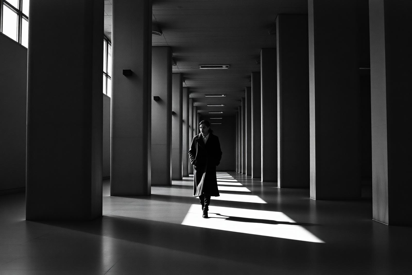 Figure walking through a colonnade of concrete columns