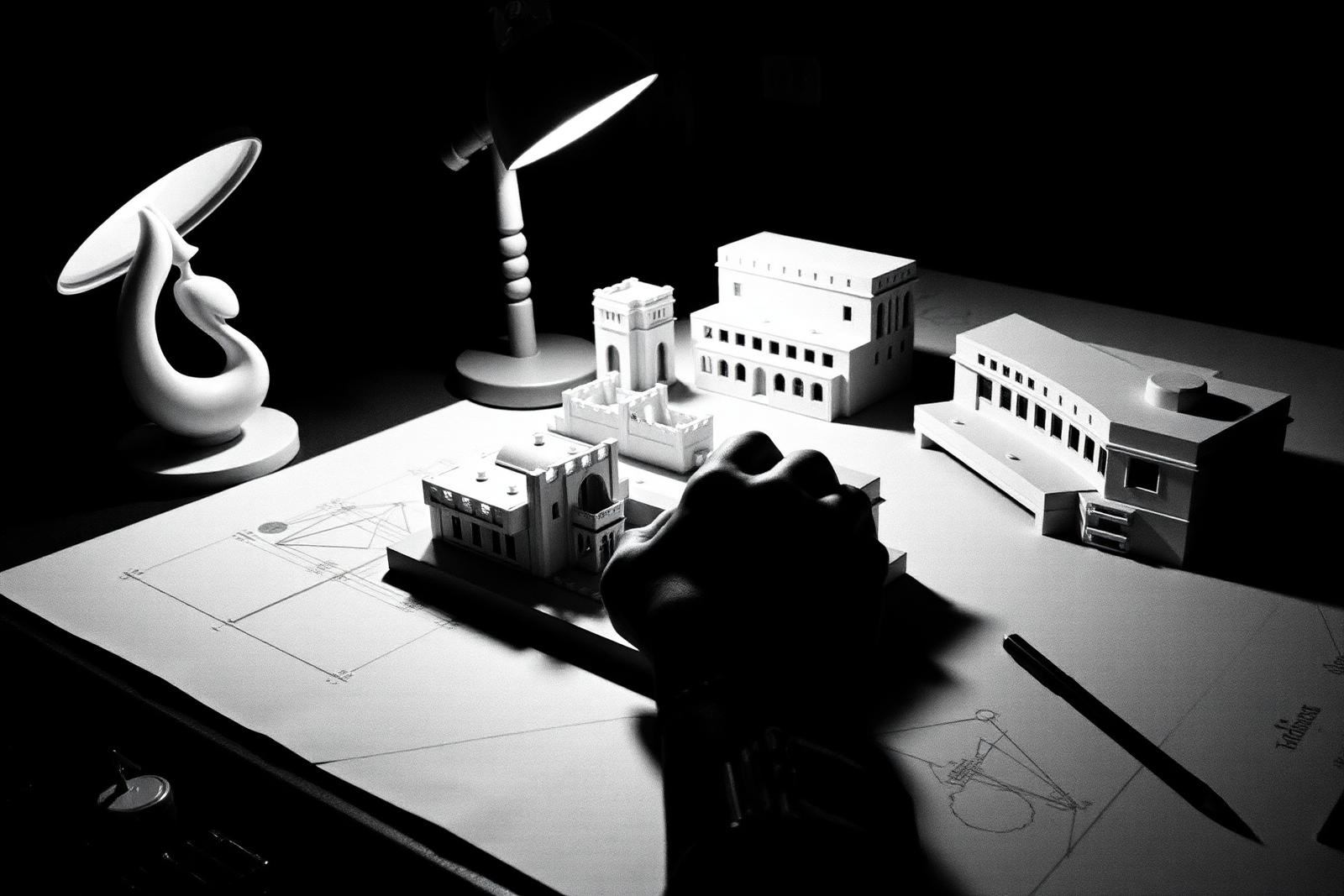 Architectural models on a drafting table in dramatic light
