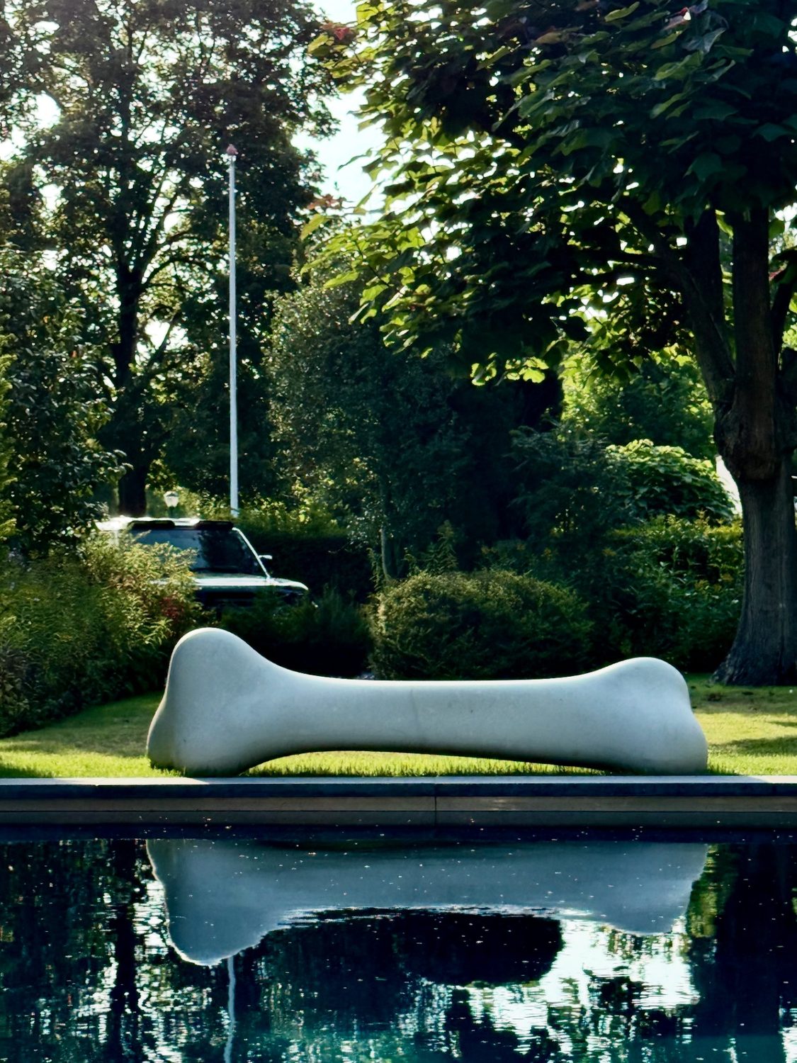 B13 pool with sculptural bone bench