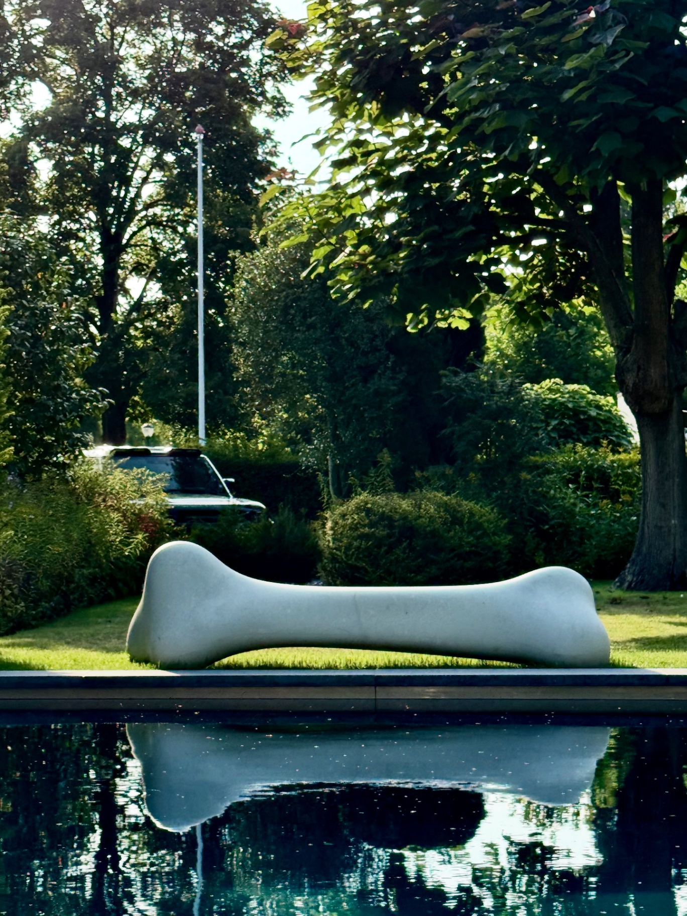 Pool with sculptural bone bench