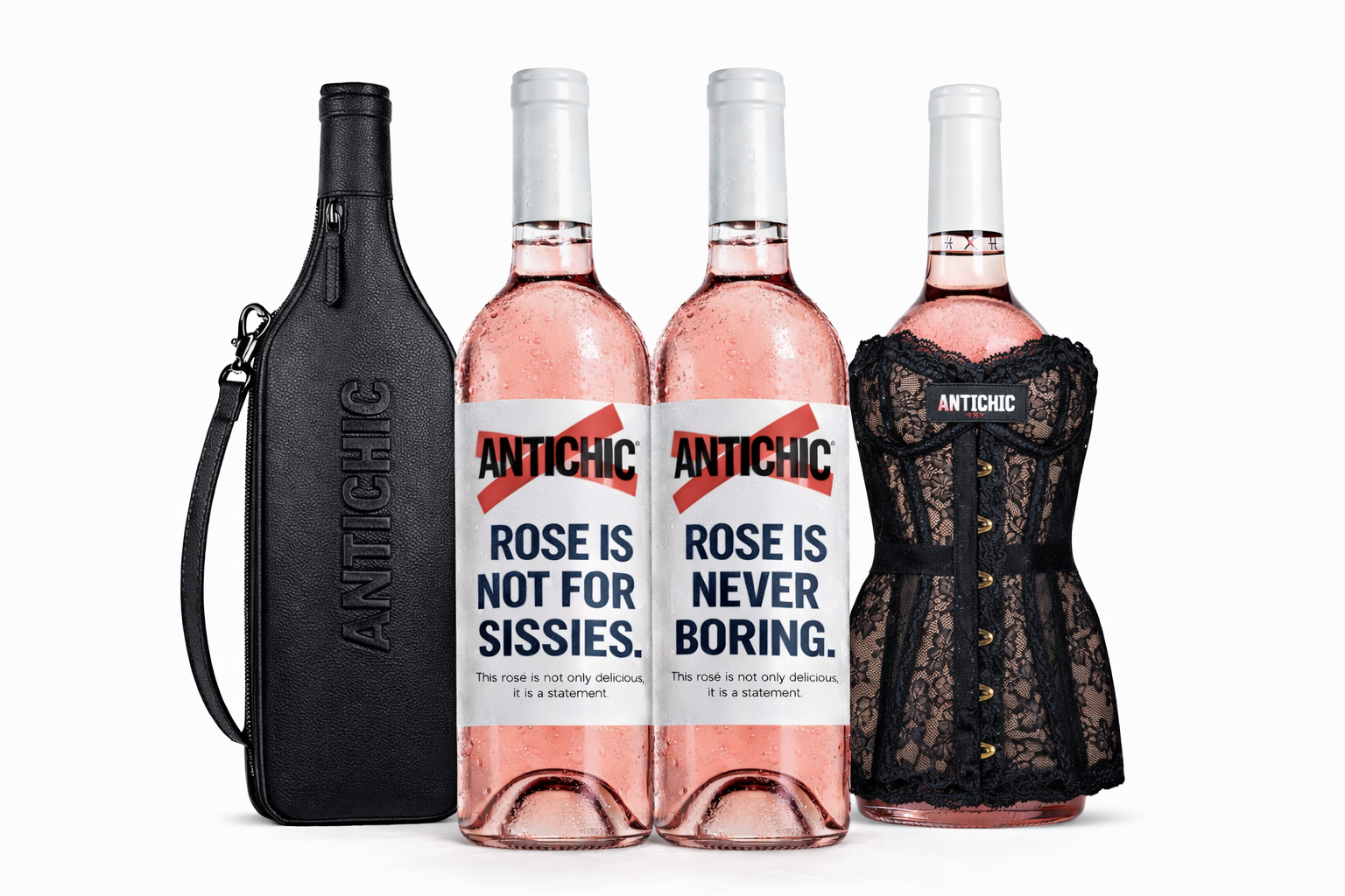 ANTICHIC® Rosé de Provence — bottles with statement labels and lace corset sleeve