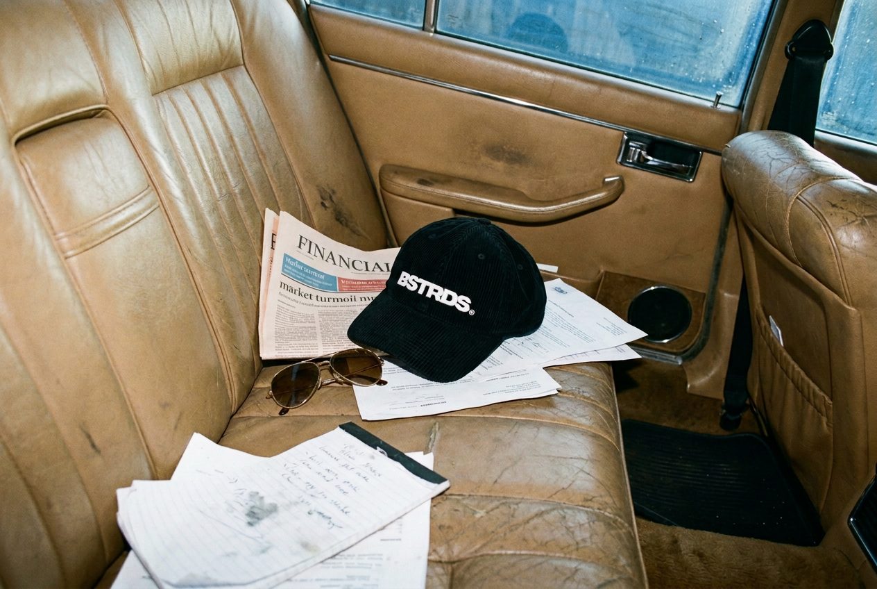 BSTRDS cap left on the leather backseat of an older European car