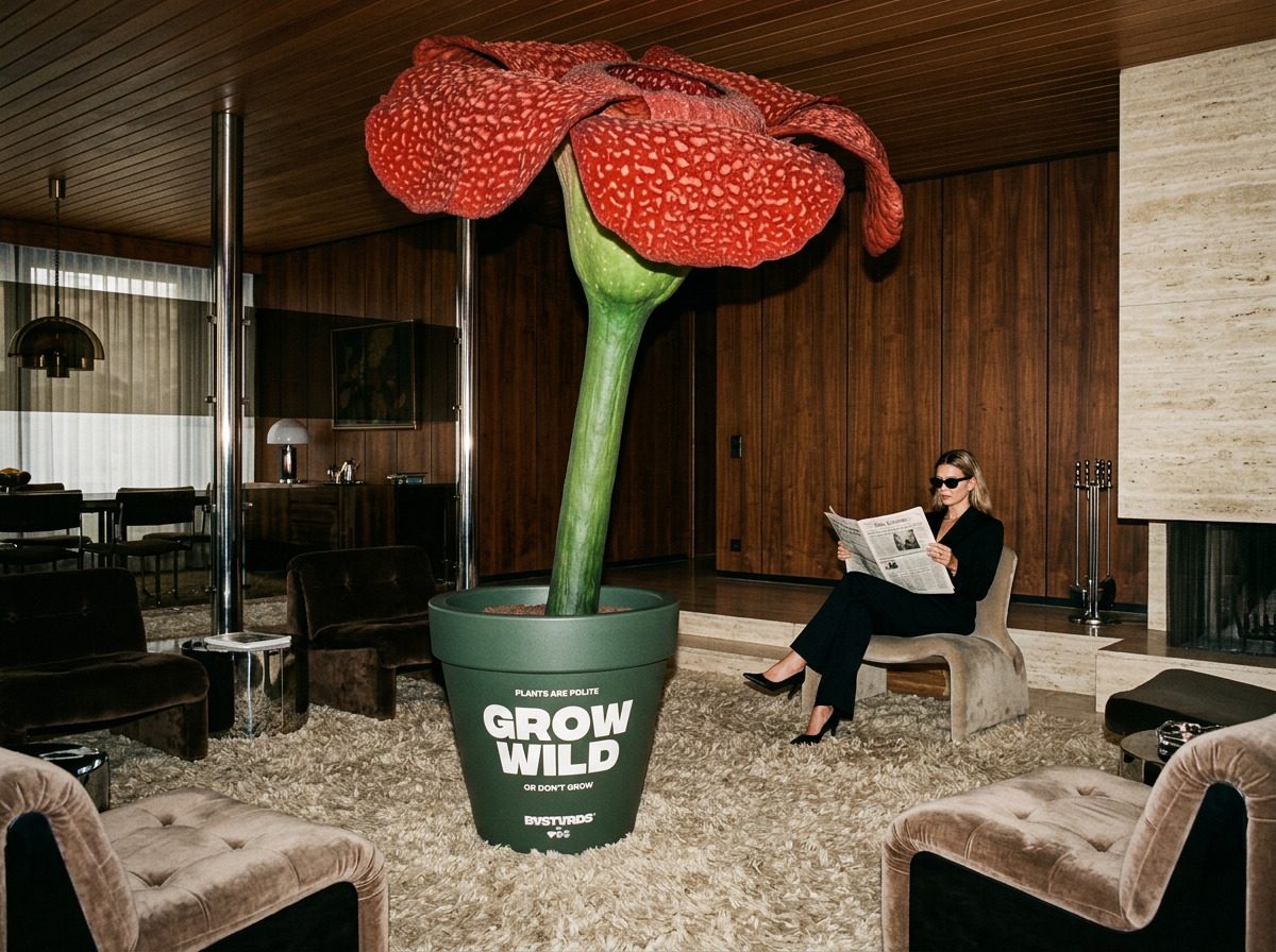 The Bastards Planter, oversized, in a 1978 modernist interior with one enormous red flower